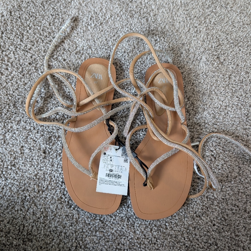 NWT Zara Rhinestone Wrap Flat Sandal